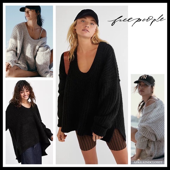FREE PEOPLE BOHO SWEATER OVERSIZED TUNIC COZY BLACK WINTER PULLOVER A2C - Picture 11 of 13